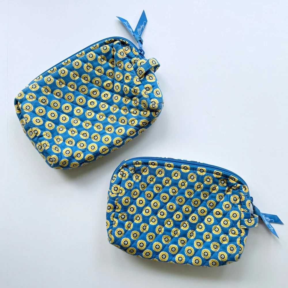 Vera Bradley Set of Two Retired Riviera Blue & Yellow Quilted Cosmetic Bags